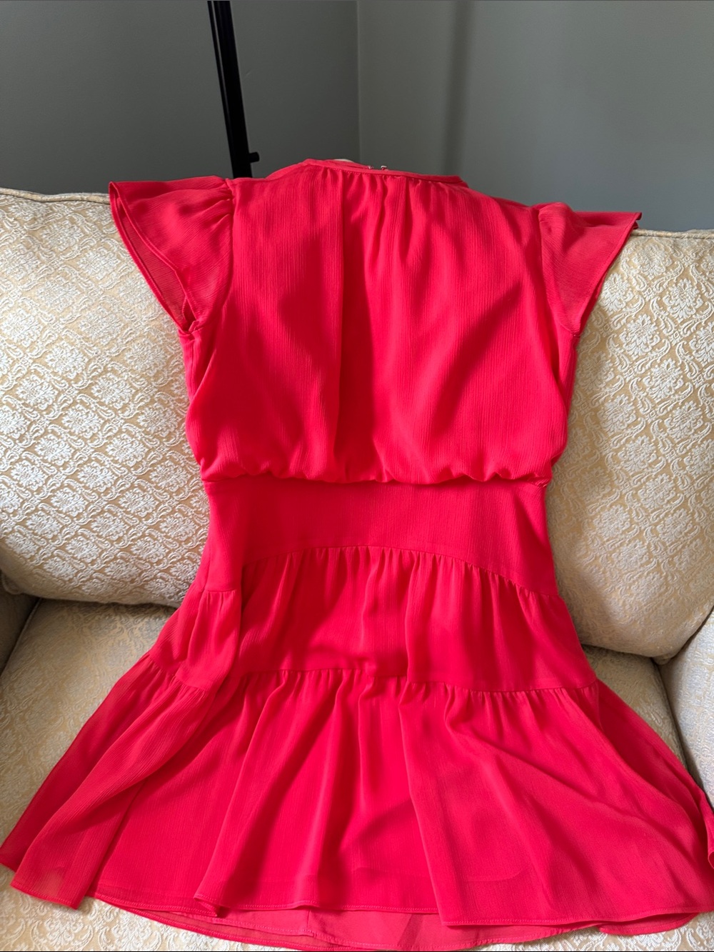 Classic Red Tiered Women's Dress - with flutter sleeves and dropped waist